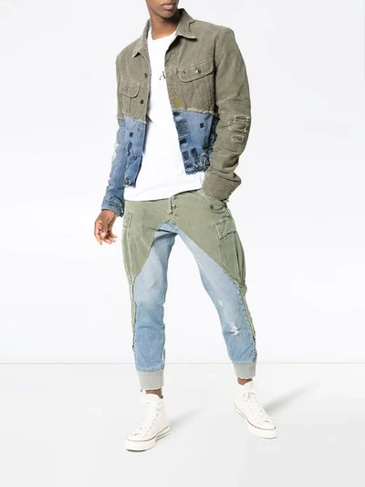 Shop Greg Lauren Denim Panel Distressed Cotton Jacket In Green