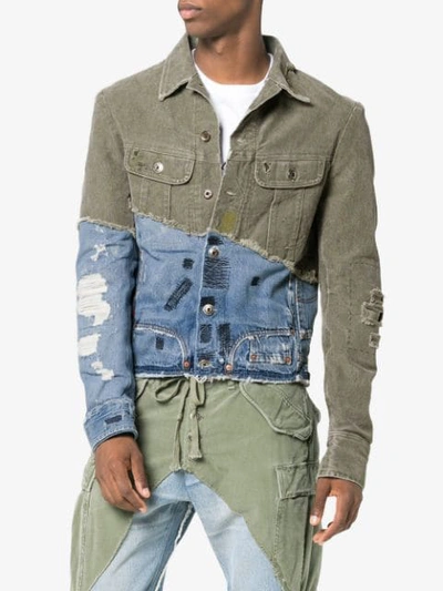 Shop Greg Lauren Denim Panel Distressed Cotton Jacket In Green