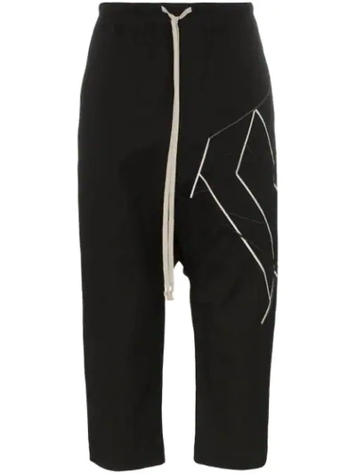 Shop Rick Owens Embroidered Cropped Cotton Blend Trousers In Black