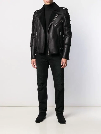 Shop Balmain Shearling Lined Biker Jacket In Black