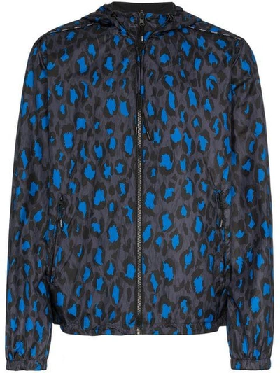 Kenzo Blue, Black And White Leopard Print Reversible Windbreaker