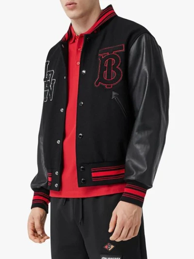 Shop Burberry Contrast Sleeve Logo Graphic Bomber Jacket In Black
