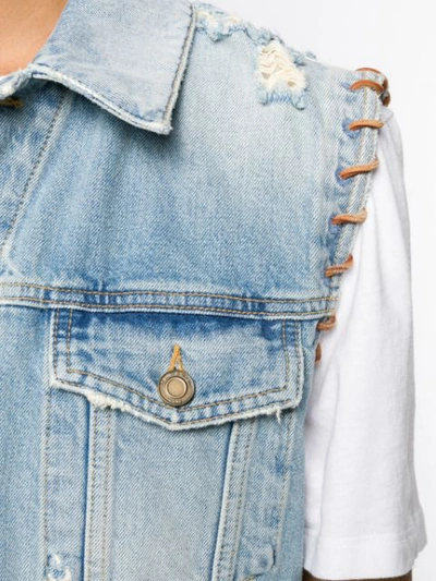 Shop Saint Laurent Leather Stitched Denim Jacket In Blue