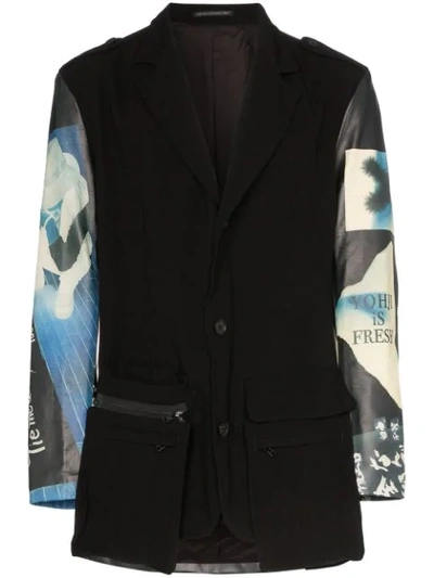 Shop Yohji Yamamoto Graphic Print Leather Panelled Blazer Jacket In Black