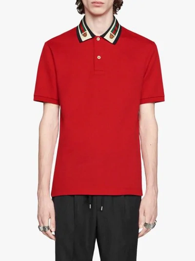 Shop Gucci Cotton Polo With Web And Feline Head In 6057 Rosso