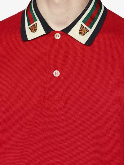 Shop Gucci Cotton Polo With Web And Feline Head In 6057 Rosso