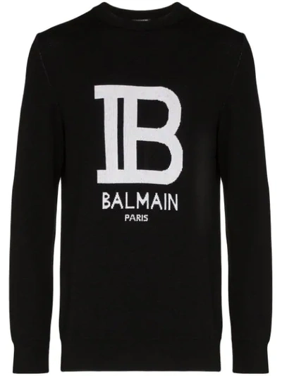 Shop Balmain Intarsia Knit Logo Jumper In Black