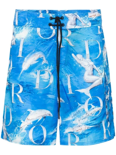Shop Dior Sorayama Logo Print Swim Shorts In Blue