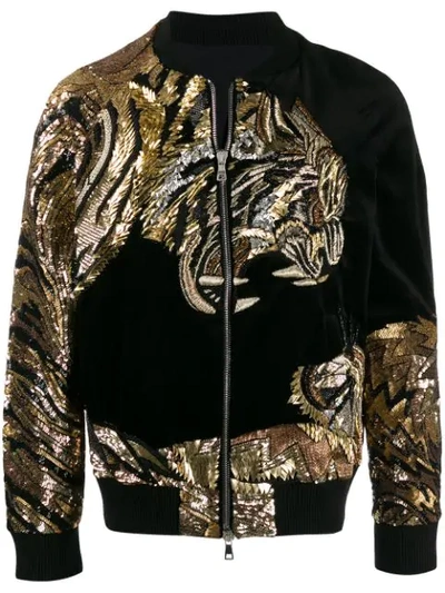 Shop Balmain Velour Tiger Embroidery Bomber Jacket In Black