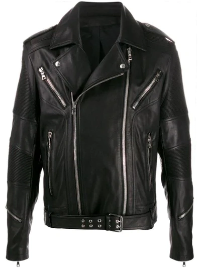 Shop Balmain Belted Biker Jacket In Black