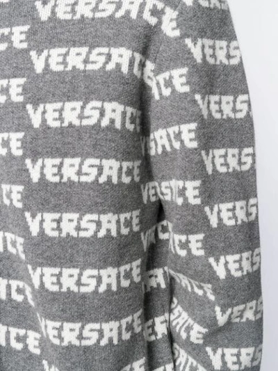 Shop Versace Logo Intarsia Zipped Cardigan In A50z Grigio Melange-bianco