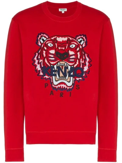 Shop Kenzo Red Tiger Embroidered Cotton Sweatshirt