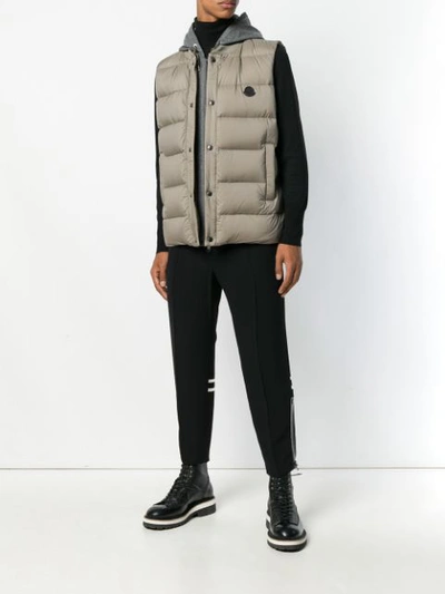 Shop Moncler Hooded Feather Down Gilet In Neutrals