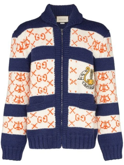 GUCCI INTARSIA KNIT GG STRIPED CARDIGAN - 蓝色