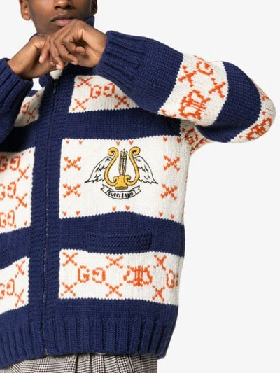 GUCCI INTARSIA KNIT GG STRIPED CARDIGAN - 蓝色