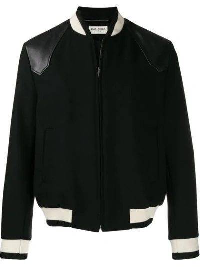 Shop Saint Laurent Leather-trimmed Varsity Jacket In Black