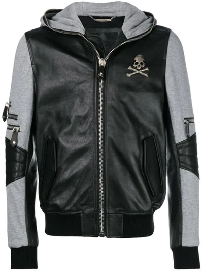 Shop Philipp Plein Leather Hooded Bomber Jacket