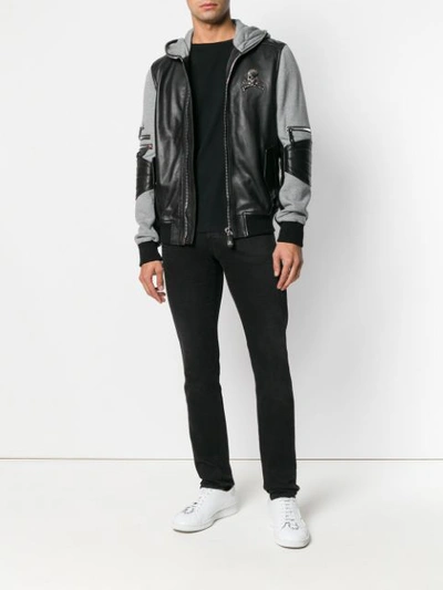 Shop Philipp Plein Leather Hooded Bomber Jacket