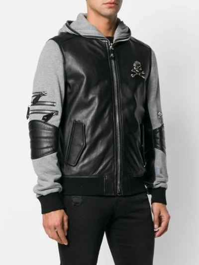 Shop Philipp Plein Leather Hooded Bomber Jacket