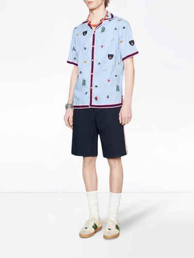 Shop Gucci Embroidered Cotton Bowling Shirt In Blue