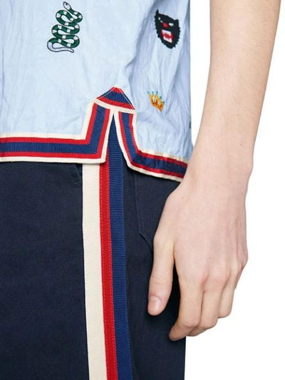 Shop Gucci Embroidered Cotton Bowling Shirt In Blue