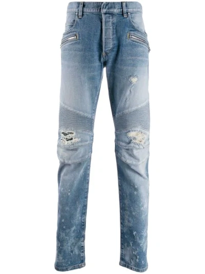 BALMAIN BLEACHED DISTRESSED BIKER JEANS - 蓝色