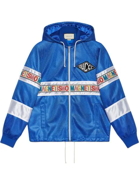Gucci Striped Mesh And Satin Hooded Bomber Jacket In Blue | ModeSens