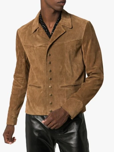 Shop Saint Laurent Suede Button-down Jacket In Brown