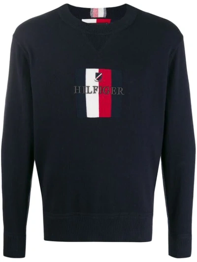 Shop Tommy Hilfiger Logo Embroidered Sweater In Blue