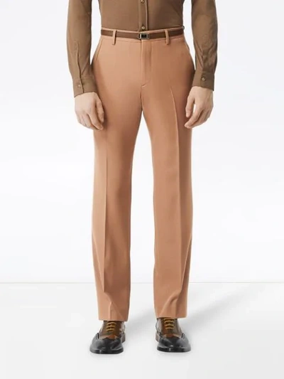 Shop Burberry Stripe Detail Wool Tailored Trousers In Brown