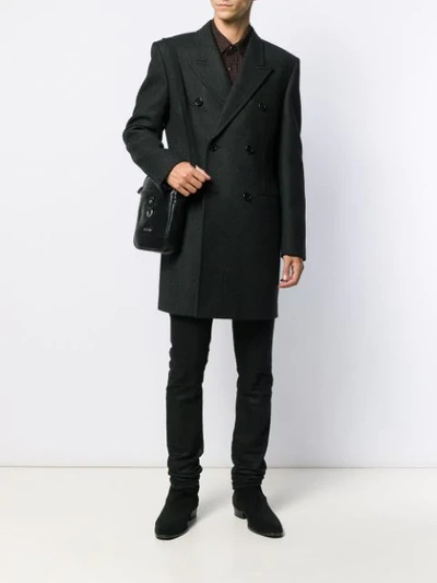 Shop Saint Laurent Double Breasted Twill Coat In Black
