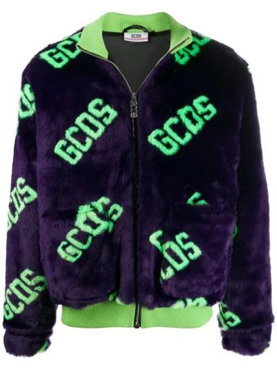 Shop Gcds Faux Fur Logo Bomber Jacket In 11 Violet
