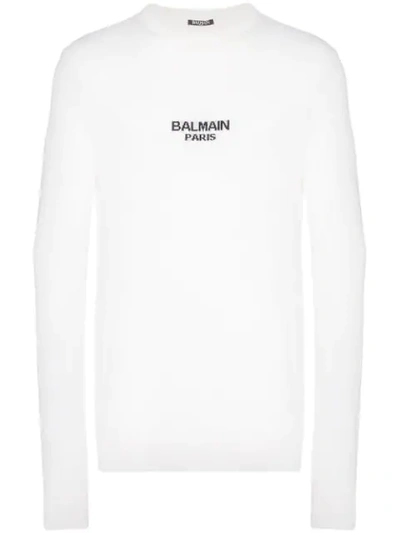 Shop Balmain Logo Intarsia Jumper In White