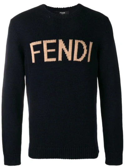 Shop Fendi Logo Knit Sweater In Blue