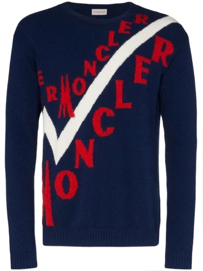 Shop Moncler Logo Intarsia Jumper In Blue