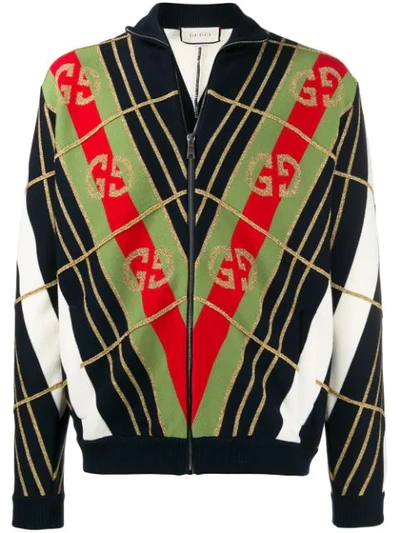 GUCCI INTERLOCKING GG GEOMETRIC PRINT CARDIGAN - 蓝色