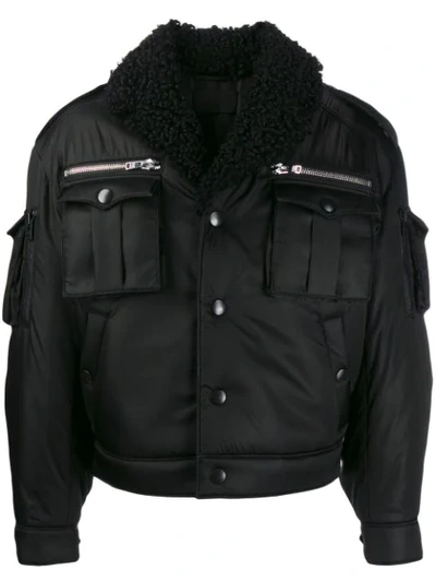 Shop Prada Shearling Collar Zip-up Gabardine Jacket In Black