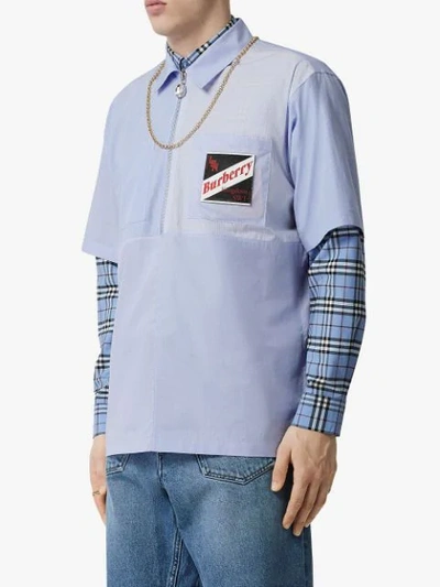 Shop Burberry Logo Graphic Patchwork Shirt In Blue