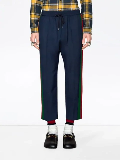 Shop Gucci Web Wool Mohair Blend Sweat Pants - Blue
