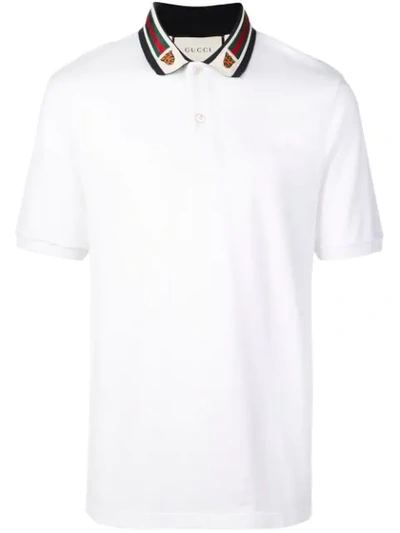 Shop Gucci Cotton Polo With Web And Feline Head In White