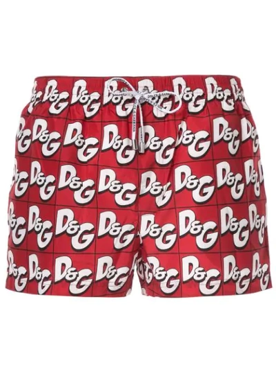 Dolce & Gabbana Monogram Print Swim Shorts In Red | ModeSens