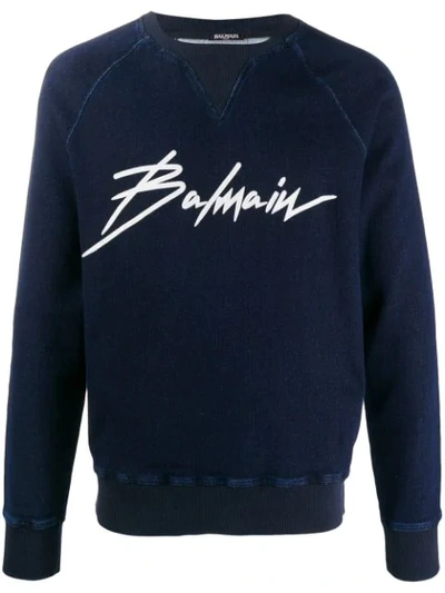 Shop Balmain Signature Logo Print Sweatshirt In Blue