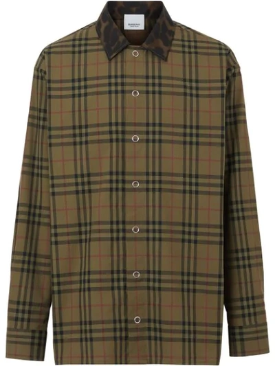 Shop Burberry Contrast Collar Vintage Check Cotton Shirt In Green