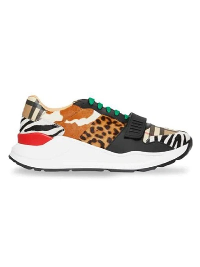 Shop Burberry Multicolor Men's Animal Print And Classic Vintage Check Sneakers In White