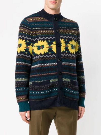 Shop Sacai Front Patterned Cardigan In Blue