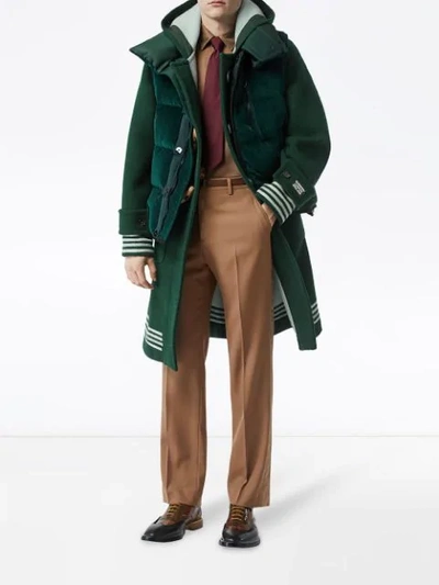 Shop Burberry Hooded Striped Duffle Coat In Green