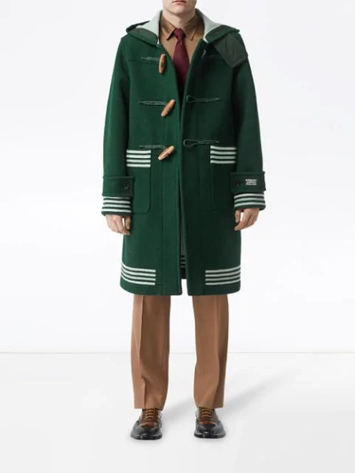 Shop Burberry Hooded Striped Duffle Coat In Green