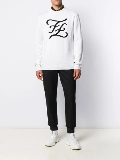 Shop Fendi Karligraphy Knitted Crew Neck Sweater In White