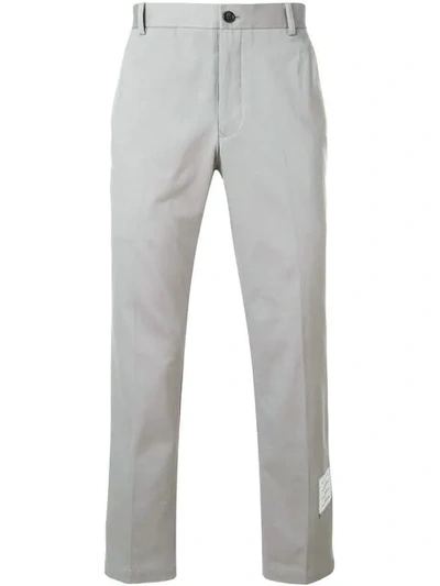 Shop Thom Browne Grey Logo Patch Cotton Chino Trousers