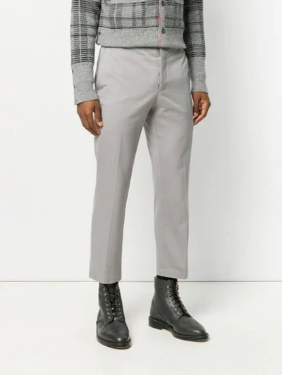Shop Thom Browne Grey Logo Patch Cotton Chino Trousers